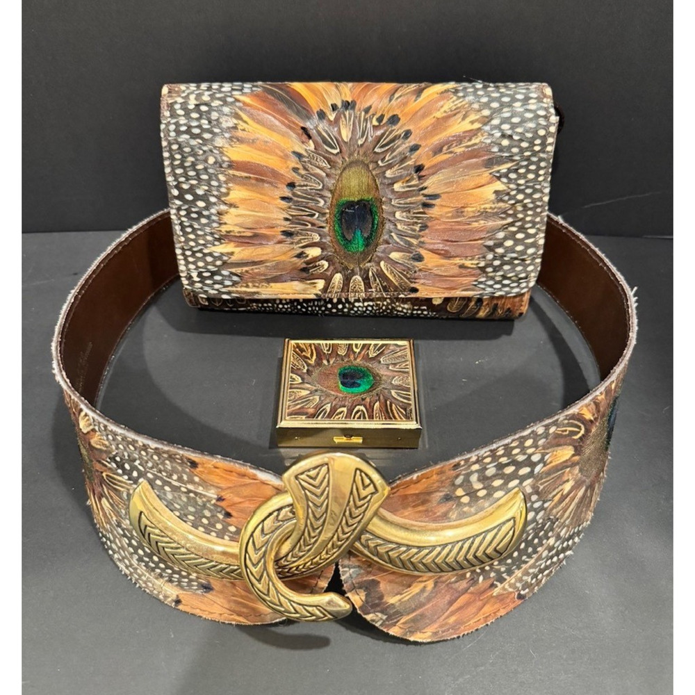 Vintage 1970s Genuine Peacock Feather Accessory Set – Clutch Bag, Belt & Compact